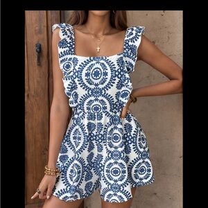 New, Blue and White Patterned Romper